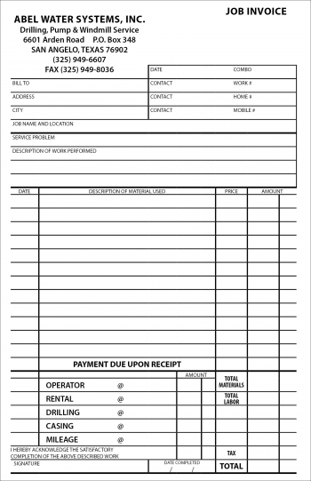 Abel Water Systems invoice forms