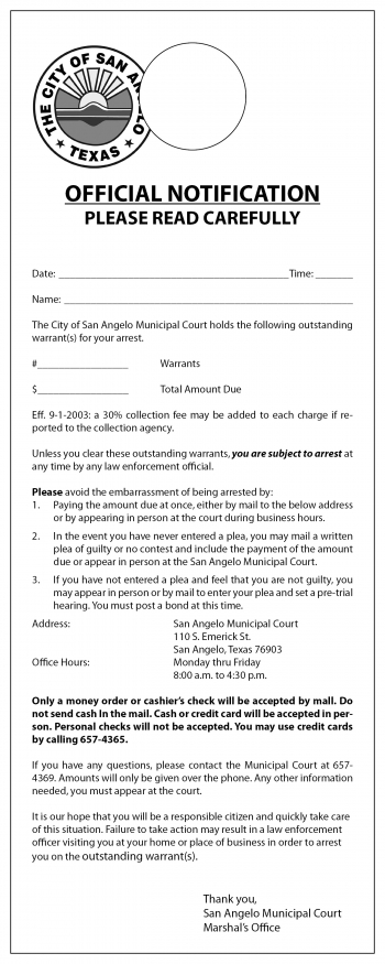 City of SA Warrant Door Hanger