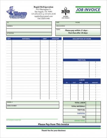 Rapid Refrigeration Invoice